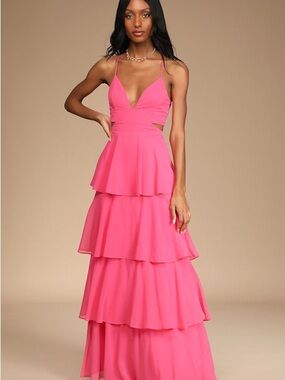 Lulu's Hot Pink Tiered Maxi Dress with Spaghetti Straps